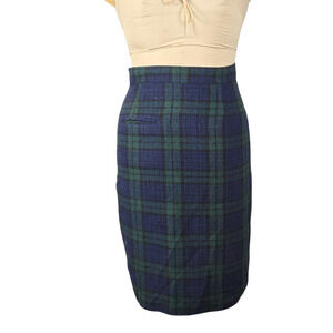 Vintage Michele Women's Plaid Pencil Skirt Blue Green Tartan Wool Union Made 70s
